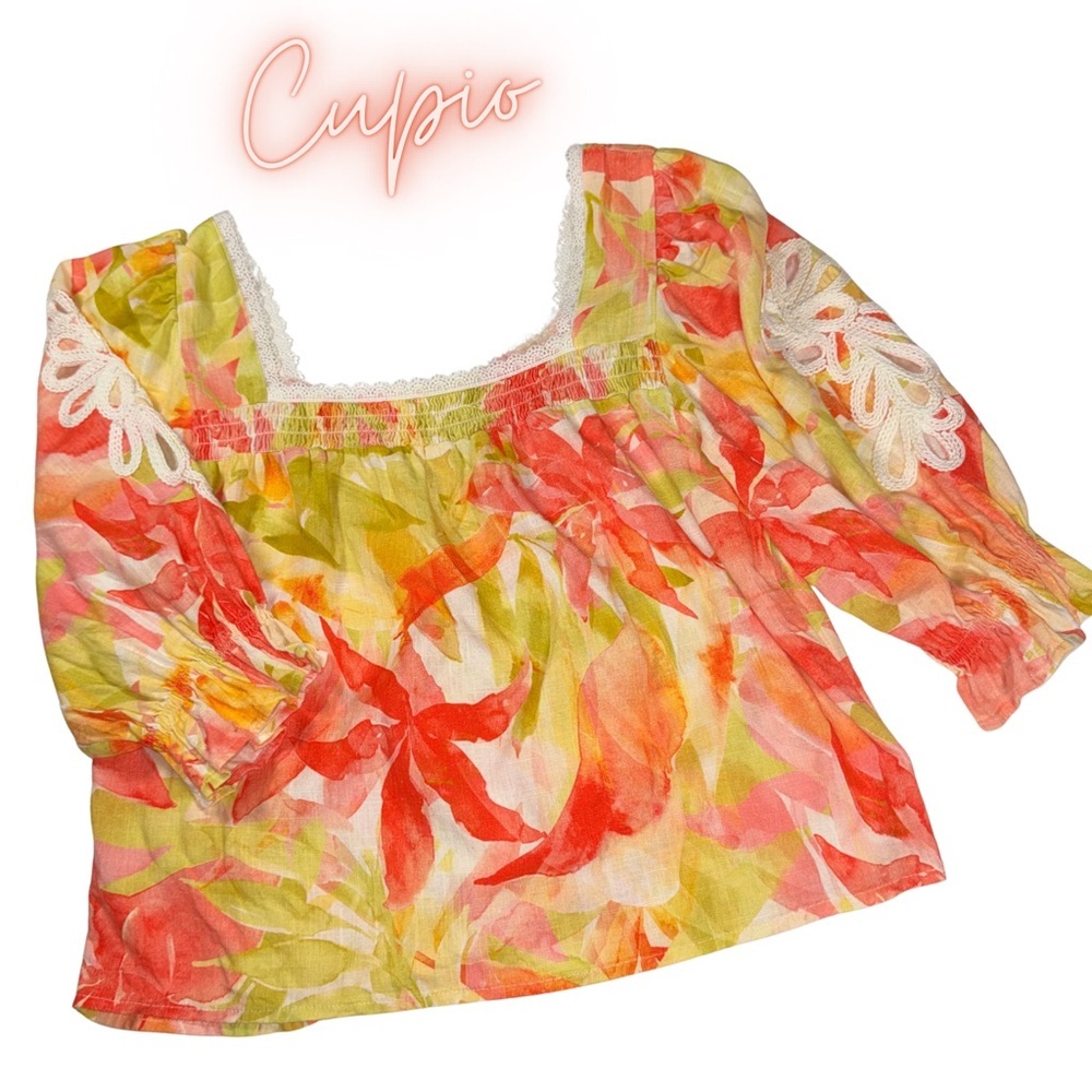 Cupio Floral Blouse Bright Orange Yellow Green Flowy Top 3/4 Sleeves Lace Trim